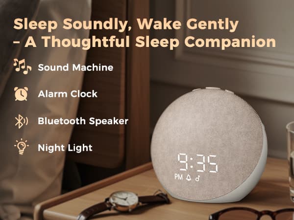 Sound Machine Alarm Clock for Bedroom: 25 Natural Sleep Sounds - White Noise Machine for Adults Kids Baby - Gentle Wake Up Alarm with Bluetooth Speaker - Putty