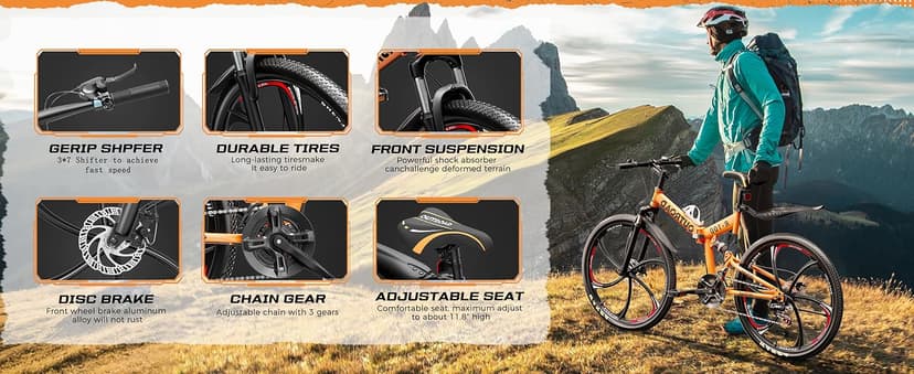 Outroad 26 Inch Folding Mountain Bike, 21 Speed Full Suspension High-Carbon Steel MTB Foldable Bicycle, Dual Disc Brake Non-Slip Folding Bikes for Adults/Men/Women, Black, Orange and Green
