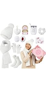 Patelai 11 Pcs Birthday Basket Gifts Set for Women Knitted Winter Beanie Hat Gloves Scarf Earmuff Tumbler Candle Fleece Socks