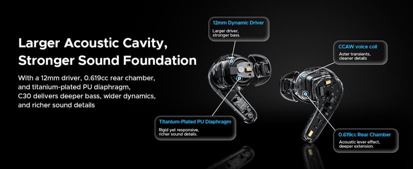 SOUNDPEATS C30 Hybrid ANC Earbuds with LDAC Hi-Res Audio, 52H Playtime -52dB Adaptive Noise Cancelling Wireless Earbuds, 6-Mic Clear Call, 12mm Driver, Bluetooth 6.0, Multi-Point, IP54 for Work/Travel