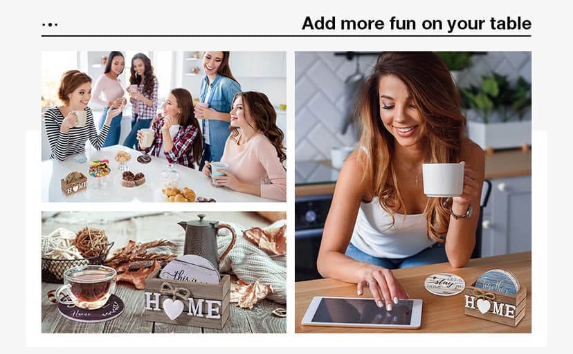 Wooden Coasters for Drink with Holder, 4'', Funny Home Decoration for Family Coffee Bar Table Protection, New Home Gift Ideas Queekay House Warming Gifts New Home Farmhouse Coasters Set of 6, Mixed B0BRSGRGBG
