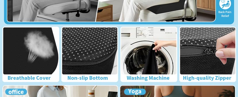 TranquilRelax Large Seat Cushion, Memory Foam Cushion for Long Sitting Hours on Office Chair, Car Seat, Non-Slip Chair Pad for Sciatica, Coccyx, Tailbone Pain Relief & Post-Surgery Recovery (Black)