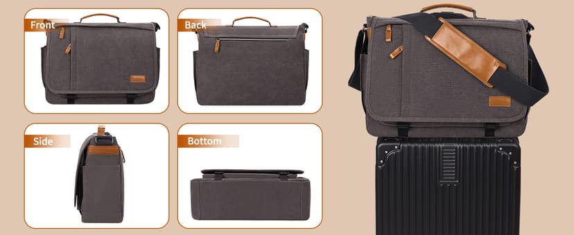 ESTARER Men Messenger Bag 17-17.3 Inch Laptop Bag Water-resistant Canvas Computer Shoulder Bag Briefcase for Work College Travel, Grey