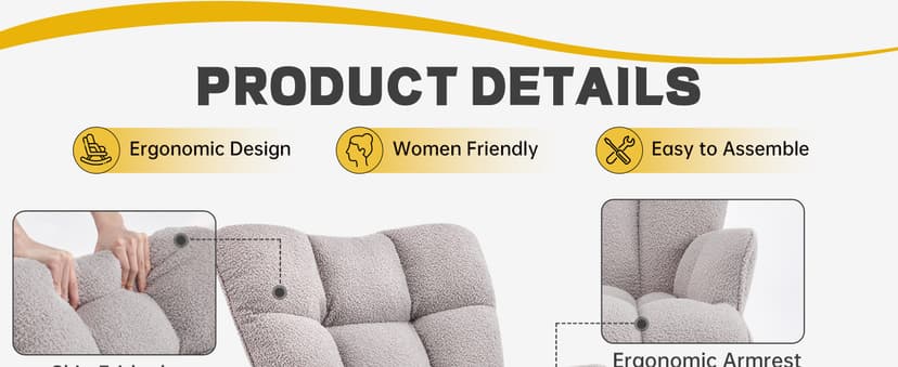 SAETSFEG Rocking Chair Nursery Teddy Upholstered Glider Rocker Rocking Accent Chair Padded Seat with High Backrest Armchair Comfy Side Chair for Living Room Bedroom Offices (Grey Teddy)