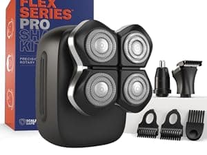 FlexSeries Electric Head & Body Hair Shaver - Mens Cordless Rechargeable Wet/Dry Skull Bald Head Back & Groin Waterproof Razor with Rotary Blades, Clippers, Nose Trimmer, Brush, Massager