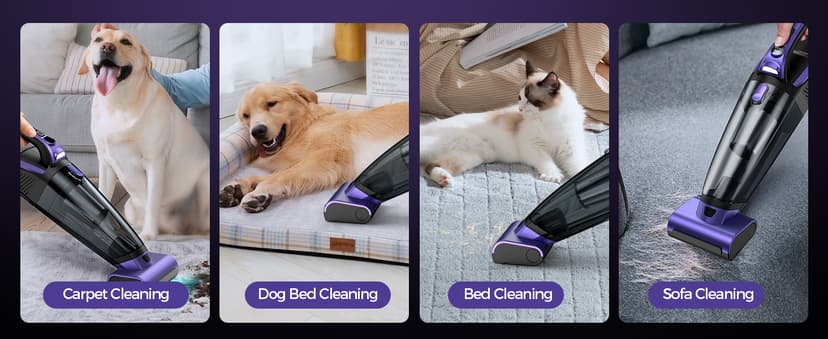 Pet Hair Handheld Vacuum Cordless: 20000PA High Power Car Vacuum with Motorized Brush and LED Light, Rechargeable Hand Held Vacuum Cleaner with Reusable Filter for Car, Home, Office & Pet, Purple