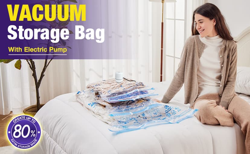 HIBAG Vacuum Storage Bags with Electric Pump, Vacuum Seal Space Saver Bags for Clothes, Clothing, Pillows, Blanket Bedding Comforters, Combo 20 pack