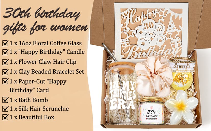 30th Birthday Gifts for Women, Unique 30 Year Old Birthday Gifts for Women, 30th Bday Decorations for Her, Gift for 30th Bday Woman w/ 16oz Coffee Cup, Candle, Bracelet, Hair Clip, Card, 7PCS