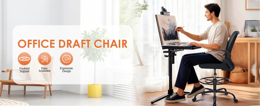Drafting Chair for Standing Desks, 500LBS Capacity Tall Office Chair with Adjustable Height, Foot Ring, Flip-Up Armrests, Thick Curved Seat for Home Office, Drawing, and Creative Work