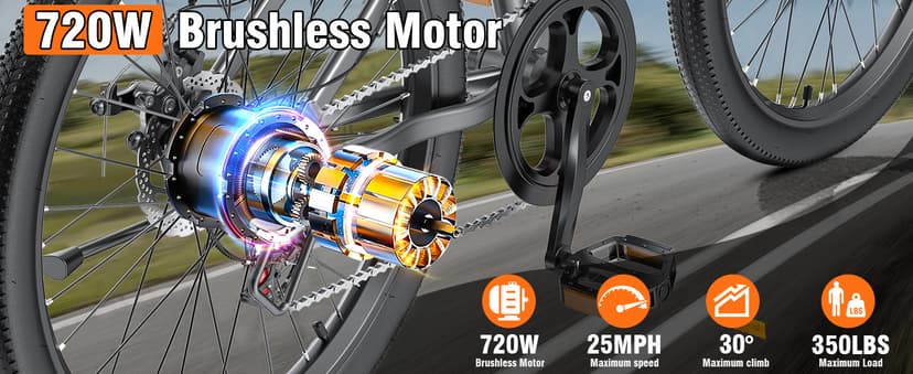 Electric Bike for Adults, 26" Commuter Ebikes with 7-Speed Gears, 25MPH Lightweight E Bike, 720W Peak Motor, 375Wh Removable Battery, 50 Miles Range, Electric Mountain Bicycle for All Terrain