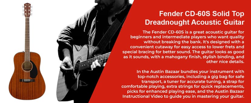 Fender CD-60S Solid Top Dreadnought Acoustic Guitar - All Mahogany Bundle with Gig Bag, Tuner, Strap, Strings, Picks, and Austin Bazaar Instructional DVD
