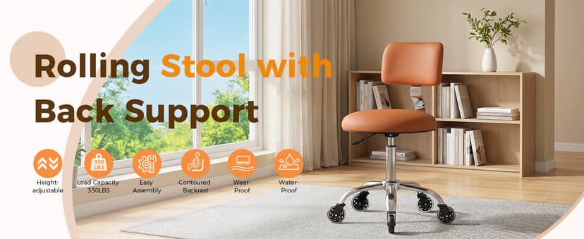 Rolling Stool Chair with Wheels, Office Drafting Chair with Back Support, Height Adjustable Standing Desk Stool with PU Leather Cushion for Home Office Kitchen Vanity Spa Garage Tattoo Dentist, Camel