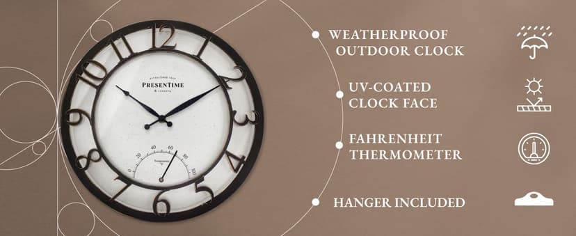 Presentime & Co 13" Farmhouse Outdoor Wall Clock w/Outdoor Thermometer, Cottage Style, Raised 3D Arabic Numerals, Oil Rubbed Bronze Finish (Wall Clock for Patio, Cottage, Poolside, Garden Spaces)