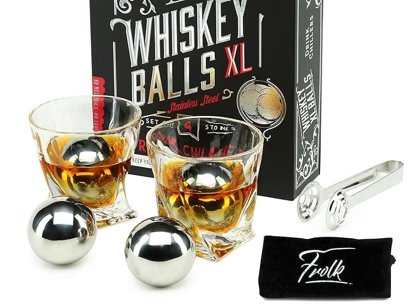Gifts for Him - Men Dad Husband - 4 XL Stainless Steel Whisky Ice Balls, Special Tongs & Freezer Pouch in Luxury Gift Box for Whiskey Lovers!