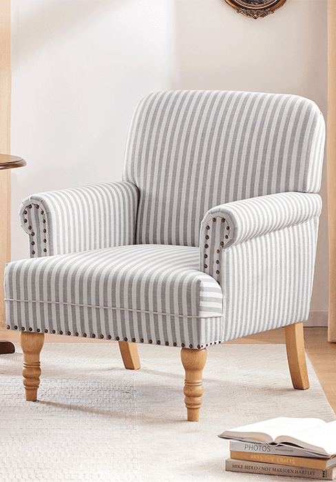 HUIMO Linen Fabric Accent Chair, Mid-Century Modern Armchair with Solid Wood Legs, Single Sofa Chair,Upholstered Reading Club Chair (1, Dark Blue and White Stripe)