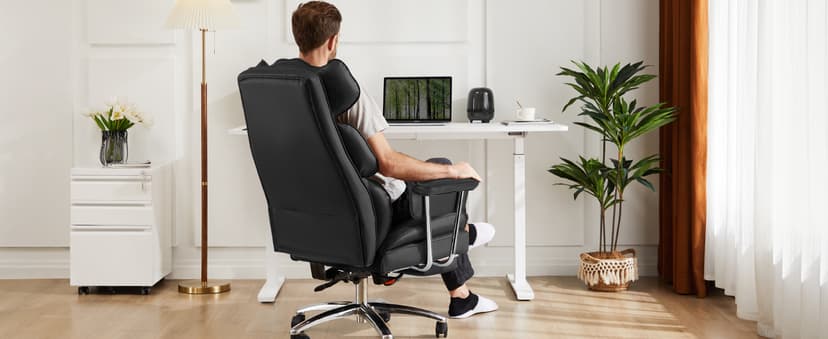 Sweetcrispy Executive Home Office Desk Chair - Ergonomic Big Tall High Back with Footrest & Lumbar Support, Reclining Height Adjustable, Comfy PU Leather Computer Gaming with Swivel Wheels, Black