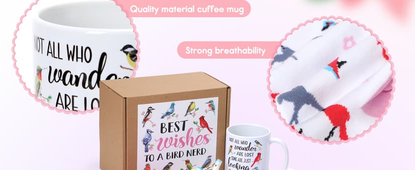 Nefelibata Bird Gifts for Women: 4-in-1 Birds Mug, Socks, Water Whistle, Kitchen Towel - Cardinal, Hummingbird, Kingfisher Birds on Branch