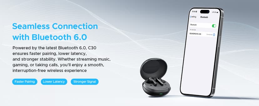 SOUNDPEATS C30 Hybrid ANC Earbuds with LDAC Hi-Res Audio, 52H Playtime -52dB Adaptive Noise Cancelling Wireless Earbuds, 6-Mic Clear Call, 12mm Driver, Bluetooth 6.0, Multi-Point, IP54 for Work/Travel