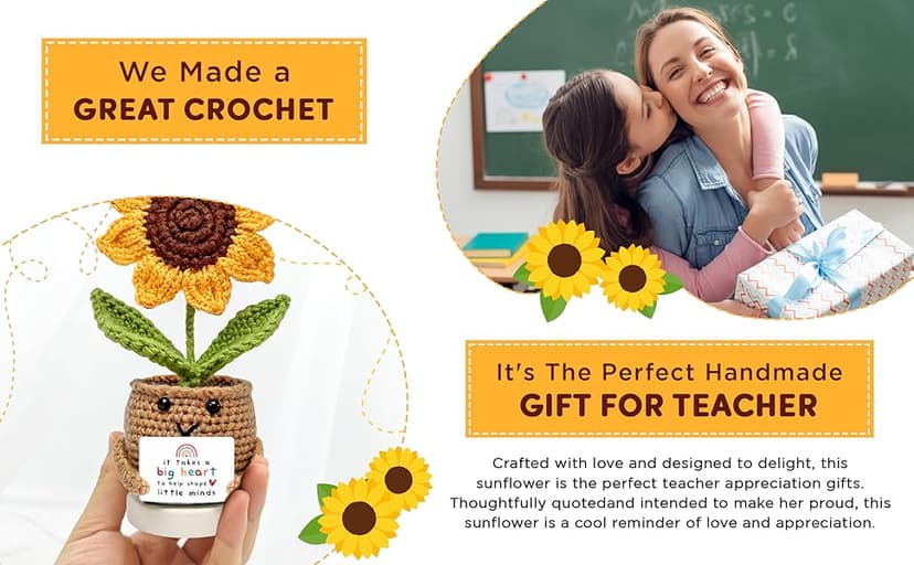 Teacher Gifts for Women, Teacher Gifts for Teachers Appreciation Week, End of Year, Birthday, Back to School - Positive Crochet Sunflower Handmade, Teacher Crochet Gift
