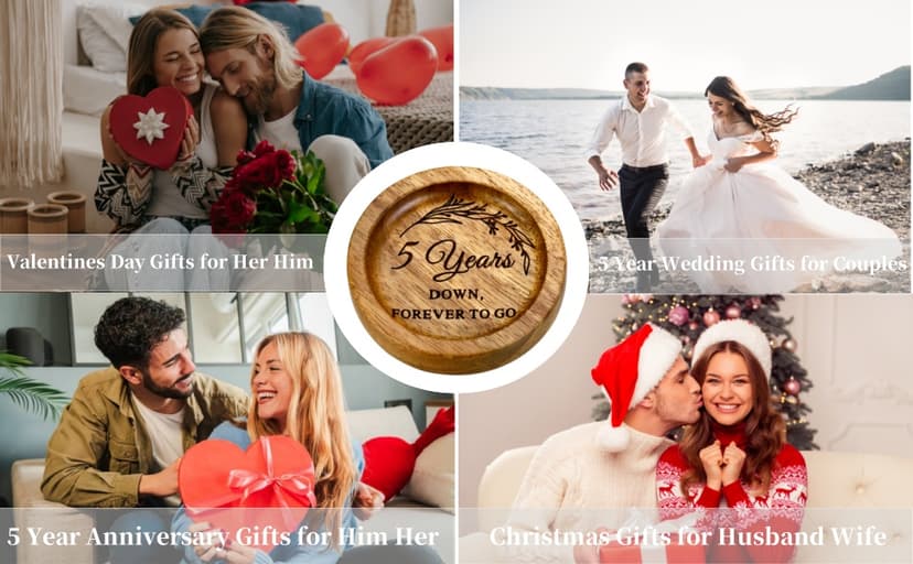 Wood Ring Dish 5 Year Anniversary Wood Gifts for Him Her - 5th Anniversary Wedding Gifts for Wife Husband, 5 Year Marriage Aniversario Wooden Jewelry Dish for Women Men, Fifth Aniversario Ideas