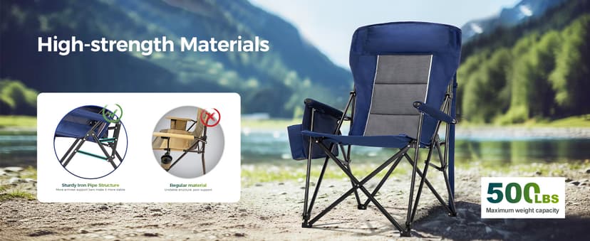 ALPHA CAMP Oversized Folding Camping Chairs High Backrest Heavy Duty Lawn Chairs for Adults Support 500 LBS Portable Camp Chairs with Cup Holders Large Side Pocket for Outdoor