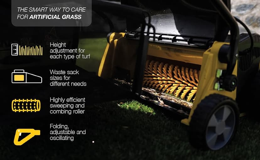 Artificial Turf Sweeper by Roll & Comb, Corded Electric Lawn Rake for Artificial Grass, Cool Gardening Gift, 25 Liter Leaf Collector, Model 302e, 19.8lb.