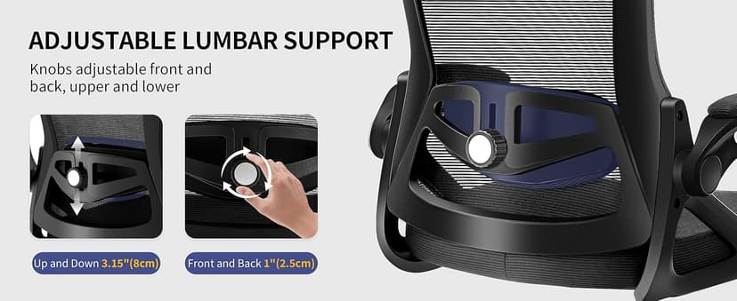 Ergonomic Office Chair, Desk Chair with Adjustable Lumbar Support, Breathable Mesh Comfy Computer Chairs with Flip-up Armrests Executive Task Chair for Adults Home Office(Black)