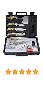 GVDV Hunting Knife Set - 14 Pieces, Portable Butcher Game Processing Kit for Men, Field Dressing Kit with Gut Hook Skinner Knife, Caping knife, Axe, Wood/Bone Saw, Spreader, Gloves, Gifts for Men