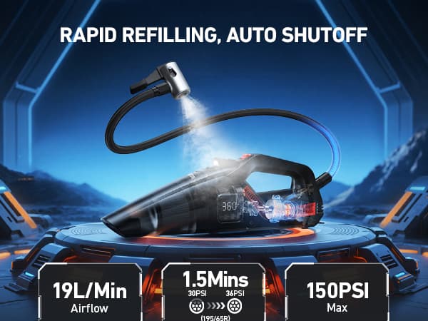 AstroAI 4-in-1 Car Vacuum Cleaner and Tire Inflator Portable with Accessories Air Compressor Digital Dual Values Display, 150 PSI Car Tires Air Pump with LED Light, 12V DC, 16.4FT Cord for Auto