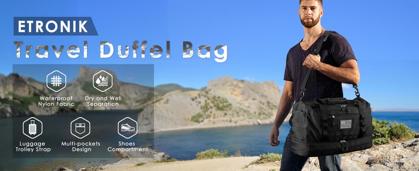 ETRONIK Gym Bag for Men Women, Carry on Luggage 22x14x9 Airline Approved, Tactical Travel Duffle Bag with Toiletry Bag and Shoe Compartment, Weekender Overnight with Wet Pocket for Workout, Black