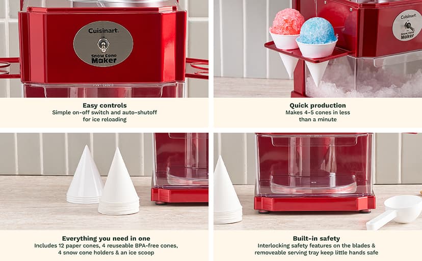 Cuisinart Snow Cone Machine, Home Shaved Ice Maker for Snow Cones, Snow Cone Maker with Reuseable Paper Cups, Makes 5 Icy Cones for Slushies, Frozen Drinks , Red, SCM-10P1