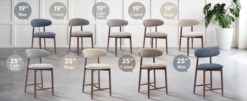 COLAMY Counter Height Bar Stools Set of 2, Kitchen Bar Stools with Back, Mid Century Modern Upholstered, with Wood Legs for Kitchen Island Dining Room, Beige