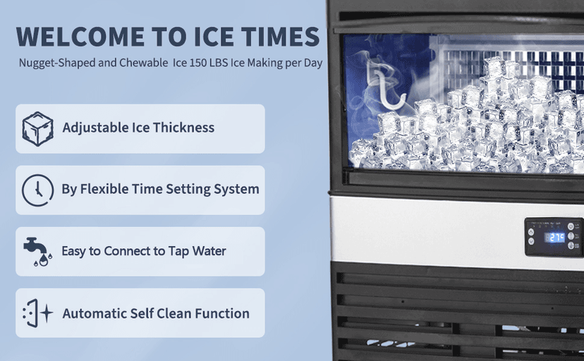 Commercial Ice Maker Machine, 150lbs/24H, 30 Lbs Ice Storage Bin, Fast Making Ice in 5-15 Mins, Auto-Clean, Timer Function, Freestanding or Undercounter for Restaurant,Coffee Shop, Food Truck and Bar