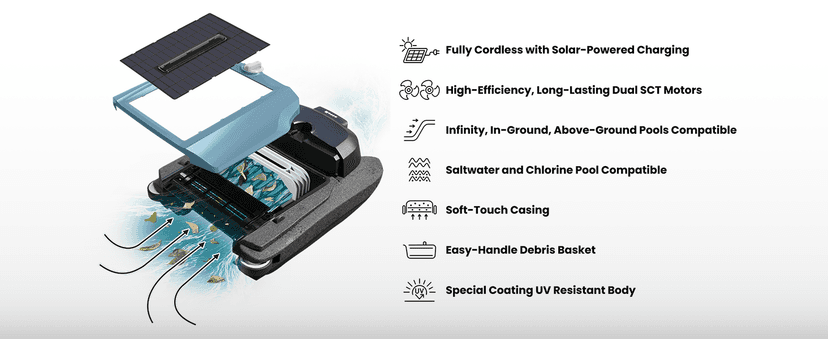 Betta Flex Solar-Powered Robotic Pool Skimmer – Cordless with Dual Cleaning Modes, Soft-Touch Pool Protection. Compatible with Infinity Edge, In-Ground & Above-Ground Pools (Blue)