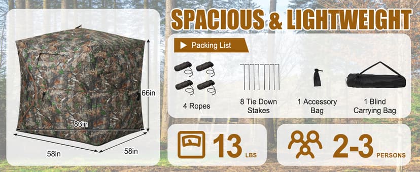 HUNTSEN Hunting Blind 270 Degree See Through Ground Blind - 2-3 & 3-4 Person Pop Up Deer Blind for Hunting with Carrying Bag - 300D Reinforced Portable Durable Blind for Turkey and Deer