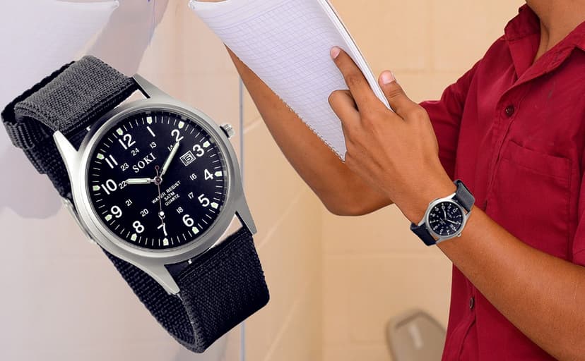 Lancardo Simplicity Analog Quartz Watch with Woven Nylon Band Luminous Hand Military Time 24H (Black) for Men