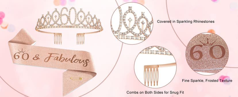 60th Birthday Decorations for Women, 33pcs Black Rose Gold Happy 60th Birthday Banner Crown and Sash Balloons Backdrop Hanging Swirls Paper Fans, 60 Years Old Party Supplies Kit