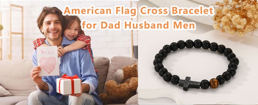 Gifts for Dad New Dad Stepdad Husband, American Flag Cross Beads Bracelet Jewelry Gifts for Father Men from Daughter Son Wife