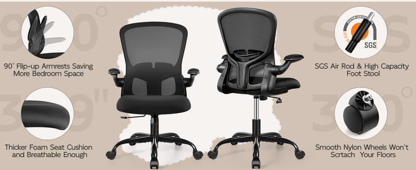 FelixKing Office Desk Chairs, Ergonomic PC Desk Chair with Wheels, Adjustable Lumbar Support and Height, Swivel Computer Chair with Flip-up Armrests, Ergo Mesh Backrest for Working (Black)