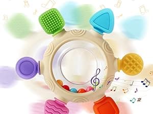 VTECHOLOGY Baby Teething Rings Toys for 0-6 6-12 Months Baby Rattle Teether Sensory Toys for Babies 0-24Months Silicone Teether Relief Chew Soothing Sore Gums for Newborn Infant Essentials BPA Free