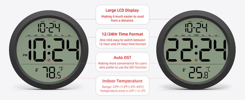 Digital Wall Clock with Date, Indoor Temperature, Auto-DST, Battery-Operated Digital Clock, 8 Inch Small Decorative Wall Clock for Bedroom, Living Room, Home, Kitchen, Office, Modern, Electric, Simple