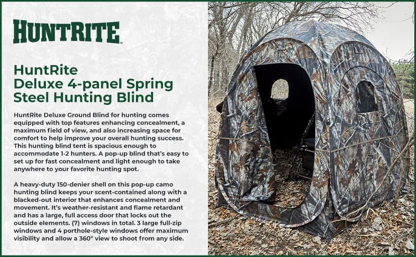 HuntRite Deluxe 4-Panel Spring Steel Hunting Blind; 2 Person Ground Tent for Deer and Turkey Season