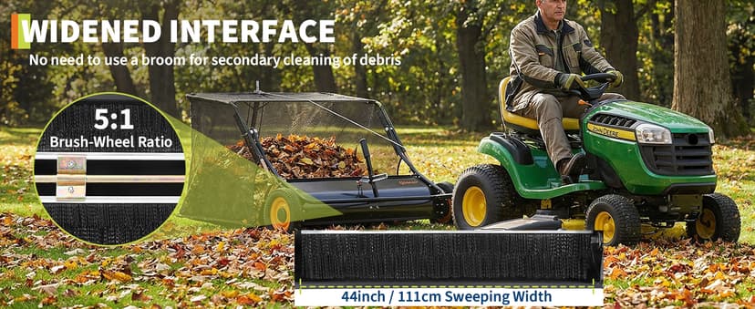 44 Inch Tow Behind Lawn Sweeper, 26 cu. ft. Large Pull Behind Grass Sweeper Heavy Duty Leaf & Grass Collector with Dumping Rope Design, Adjustable Sweeping Height for Yard and Grass Cleanup Tool