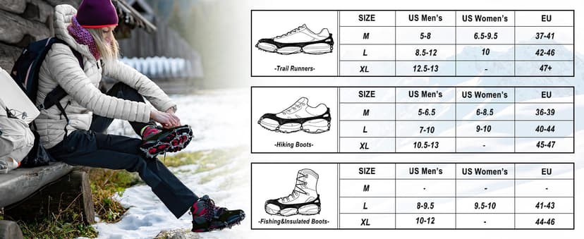 Cimkiz Crampons Ice Cleats Traction Snow Grips for Boots Shoes Women Men Anti Slip 19 Stainless Steel Spikes Safe Protect for Hiking Fishing Walking Climbing Mountaineering