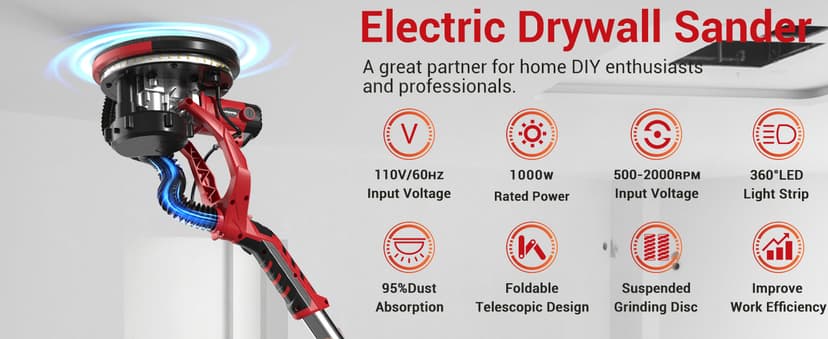 Drywall Sander, Popcorn Ceiling Removal Tool, 1000W Drywall Sander with Vacuum Dust Collector, 6 Variable Speed 500-2000rpm, 18pcs Sanding Discs, Led Light, Foldable & Extendable Handle