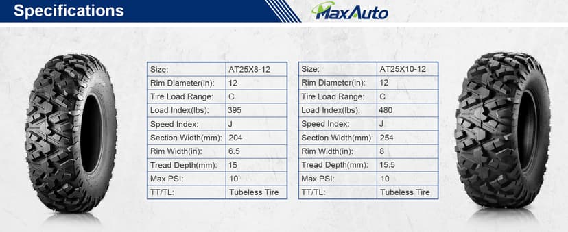 MaxAuto Set of 4 UTV ATV Tires 25x8-12 Front & 25X10-12 Rear Tire, 6PR Tubeless, Four Wheeler Tires All Terrain Tire 25x8x12 Sport Mud-tires 25x10x12 Off Road tire, 4 Pack in 2 Packages
