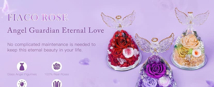 FIACO Preserved Rose Christmas Birthday Gifts for Women Forever Fresh Flowers Delivery Gifts for Mom Grandma Wife Anniversary Eternal Roses in Glass Angel Figurines