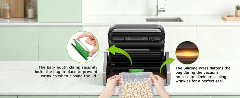 Bonsenkitchen Vacuum Sealer Machine, Globefish Technology for Perfect Vacuum Sealing, Powerful Low-Noise Food Vacuum Sealer with Easy Handle Design, Built-in Cutter & Bag Storage, 1 Bag Roll & 10 Bags