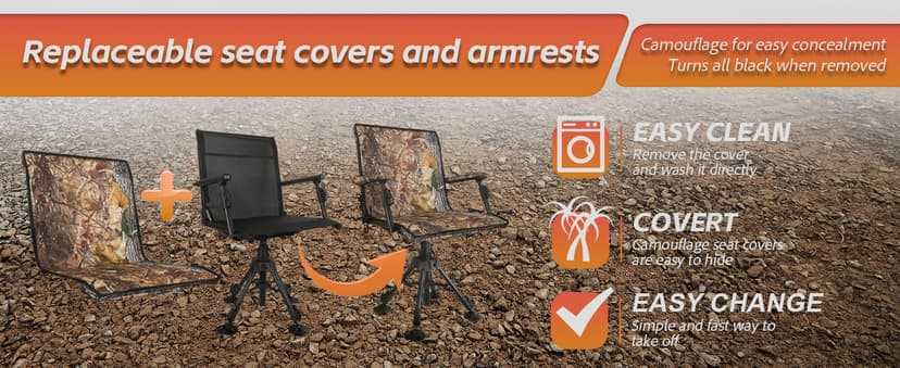 FUNHORUN Hunting Chair with Removable Camouflage Cover, 360 Degree Silent Swivel Hunting Seat with Adjustable 4 Legs Height and Armrests, Tool-Free Foldable Ground Blind Chair, Portable Seat