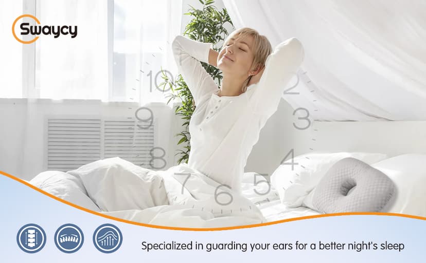 Swaycy Ear Piercing Pillow with an Hole for CNH and Ear Pain Inflammation Pressure Sores for Side Sleepers, Cotton and Polyester Side Sleeper Pillow, Washable and Adjustable Ear Guard Pillow, Gray